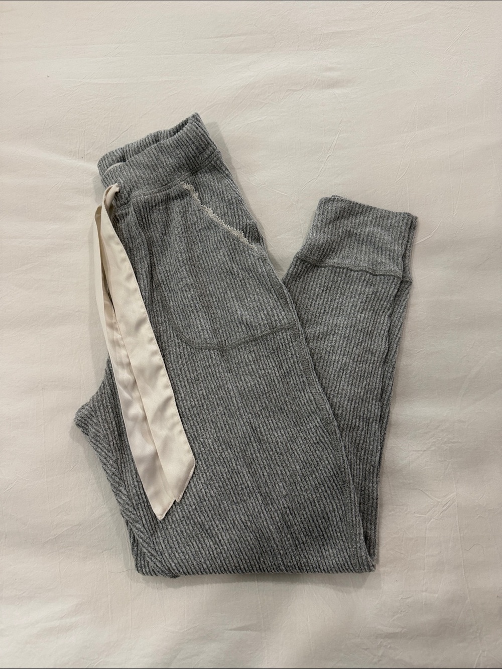 Abercrombie & Fitch Gray Ribbed Lounge Pants with White Satin Tie